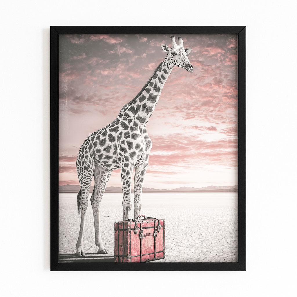 Framed artwork of a giraffe standing next to a pink suitcase with a sunset background.