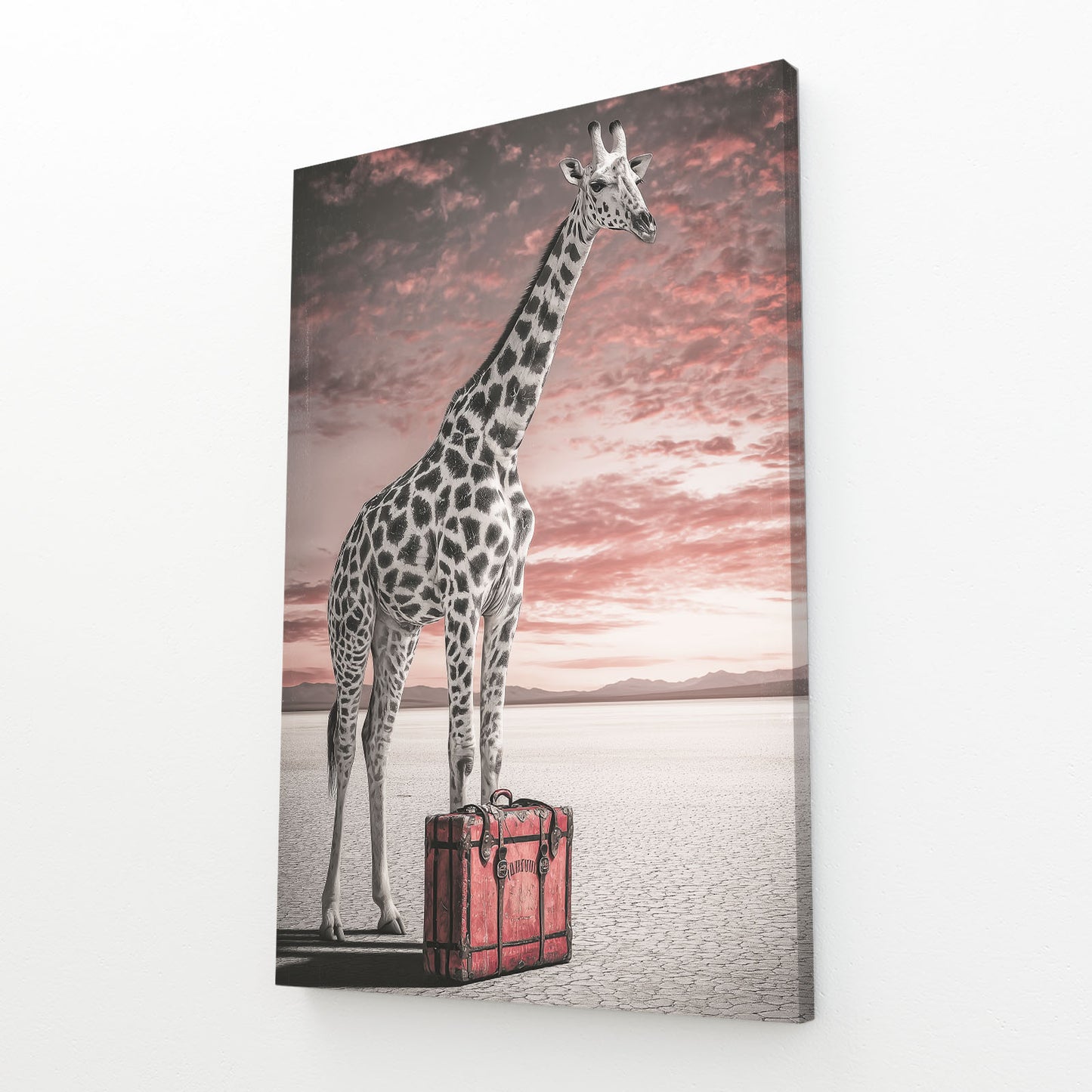 Canvas print of a giraffe standing on a suitcase with a sunset background