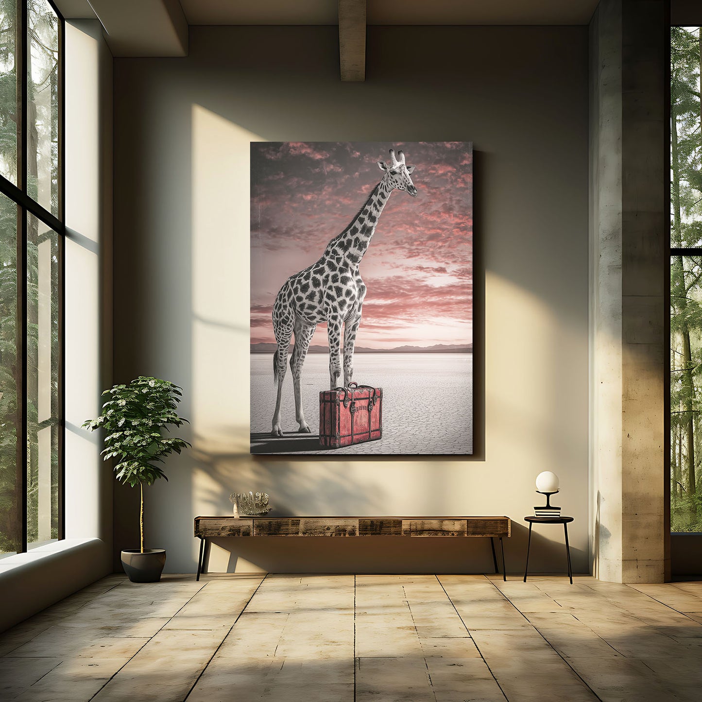 Giraffe painting on a wall in a modern room with large windows.