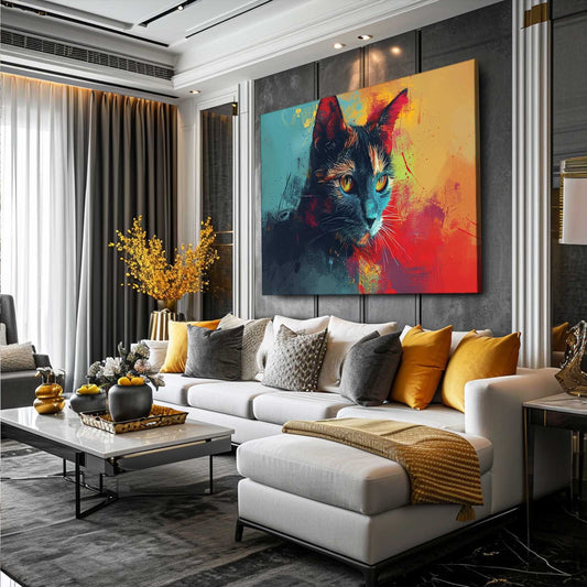 Vibrant Cat Wall Art — abstract canvas print in blue tones, view 3