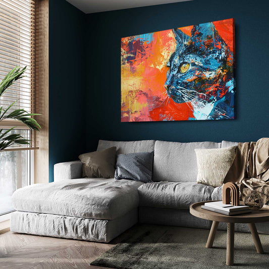 Vibrant Gaze Cat Art — abstract canvas print in blue tones, view 3