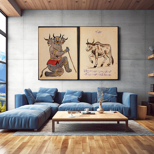 Vintage Cow Wall Art – angled canvas view on white background