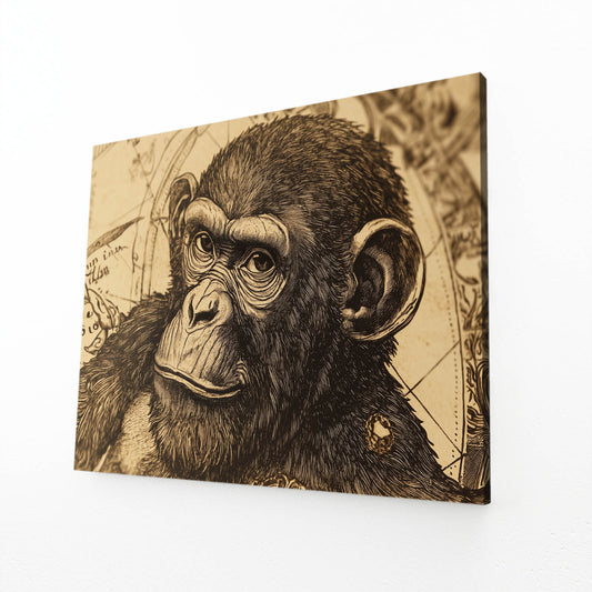 Vintage Etched Study Monkey Wall Art – angled canvas view on white background