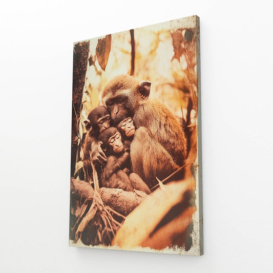 Vintage Family Huddle Monkey Prints – angled canvas view on white background