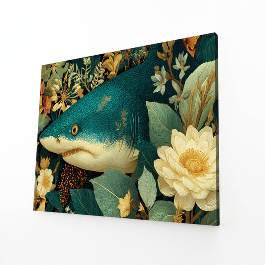 Vintage Floral Shark Art – angled canvas view on white background