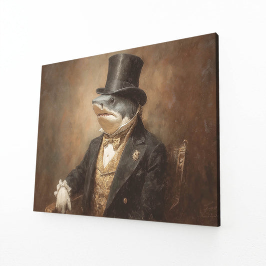 Vintage Gentleman Shark Canvas Art – angled canvas view on white background