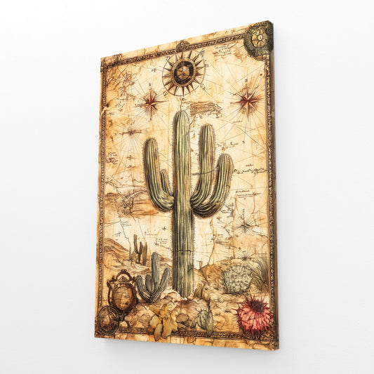 Vintage Map Scroll Cactus Art – angled canvas view on white background