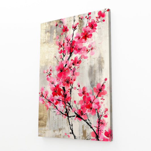 Vintage Plum Branch Cherry Blossom Canvas – angled canvas view on white background