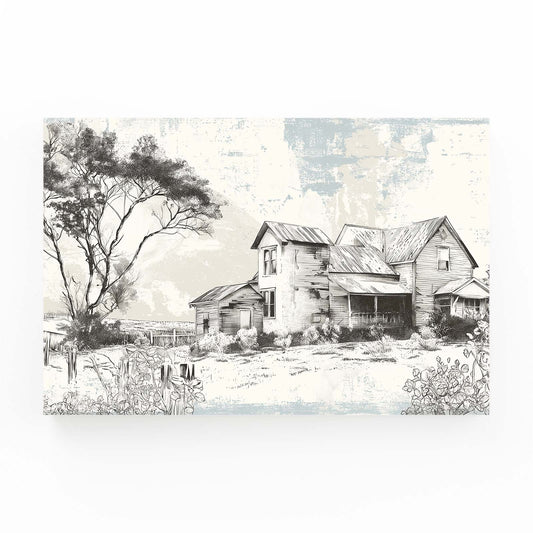 Vintage Sketch Farmhouse Farmhouse Art – angled canvas view on white background