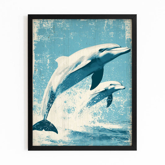 Vintage Woodcut Dolphin Print – with Premium Black wood frame on white background