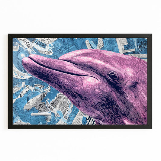 Violet Halftone Dolphin Art – with Premium Black wood frame on white background
