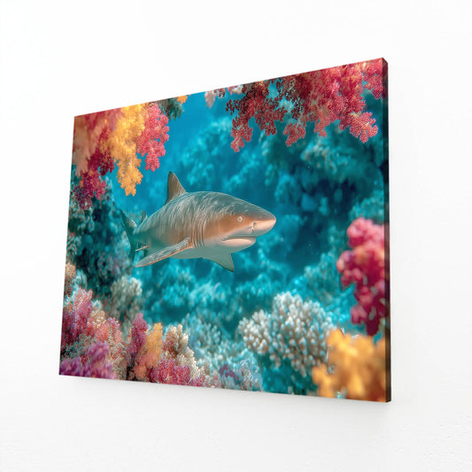 Vivid Coral Reef Shark Art – angled canvas view on white background
