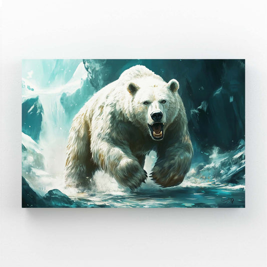 Wall Art Angry White Bear — contemporary canvas print in blue tones, angled canvas view on white background