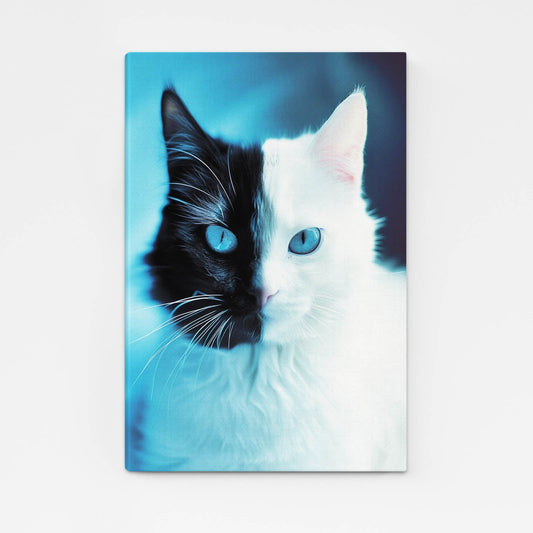 Wall Art Black And White Cat — black and white canvas print in blue tones, angled canvas view on white background