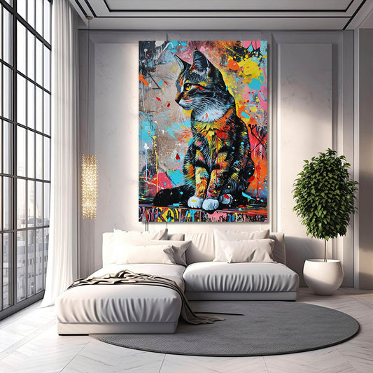 Wall Art Colorful Cat — abstract canvas print in white tones, view 3