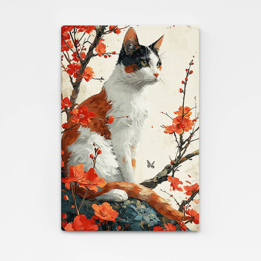 Wall Canvas Cat Art — floral canvas print in orange tones, angled canvas view on white background
