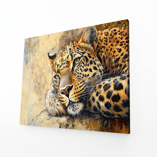 Warm Gold Repose Leopard Wall Art – angled canvas view on white background