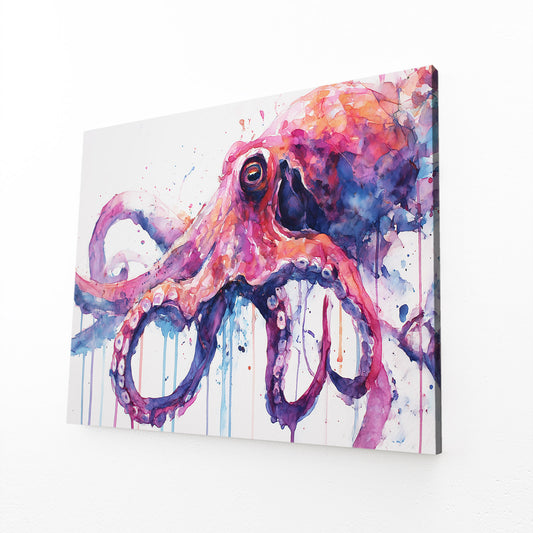 Watercolor Drip Octopus Wall Decor – angled canvas view on white background