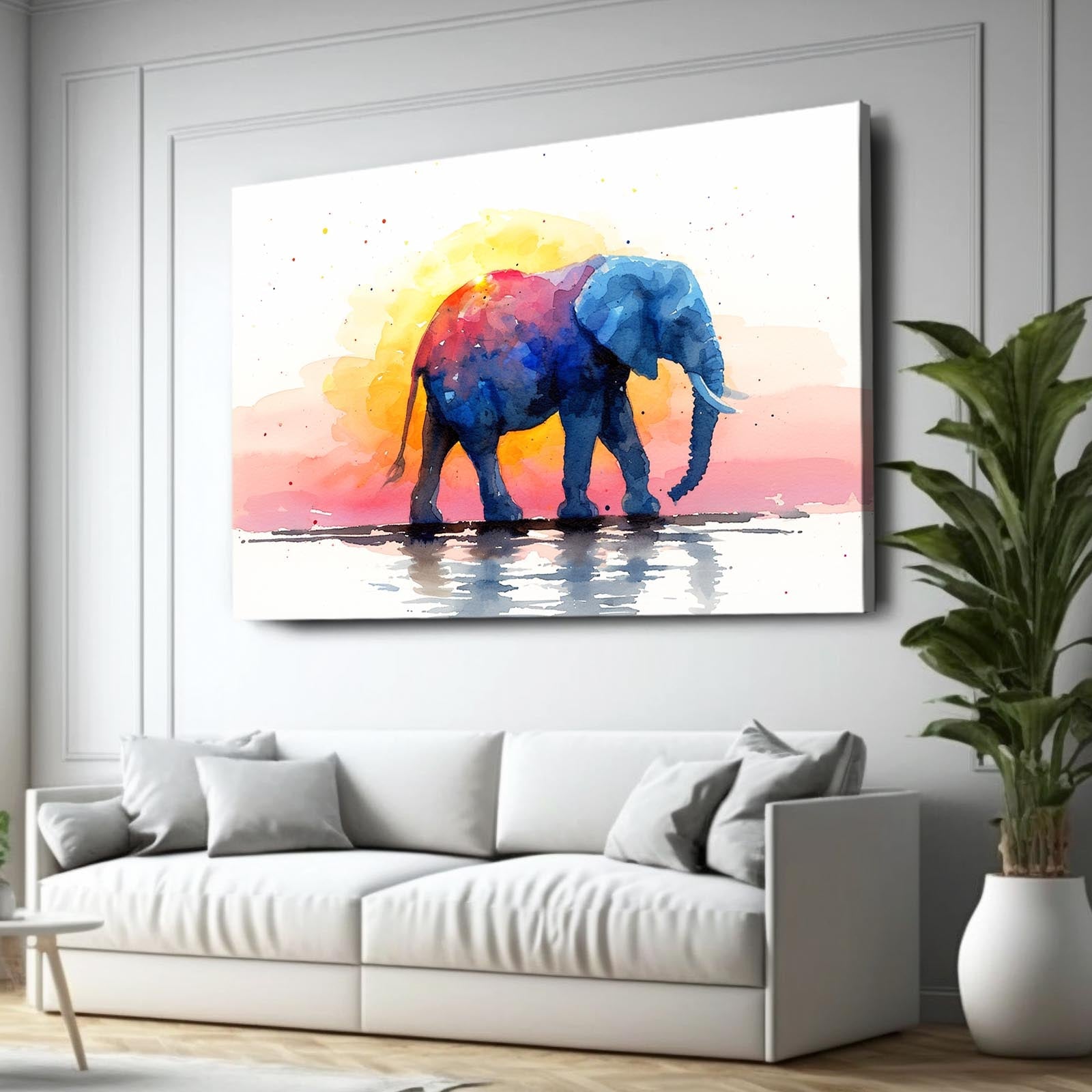 Watercolor Elephant Sunset Art