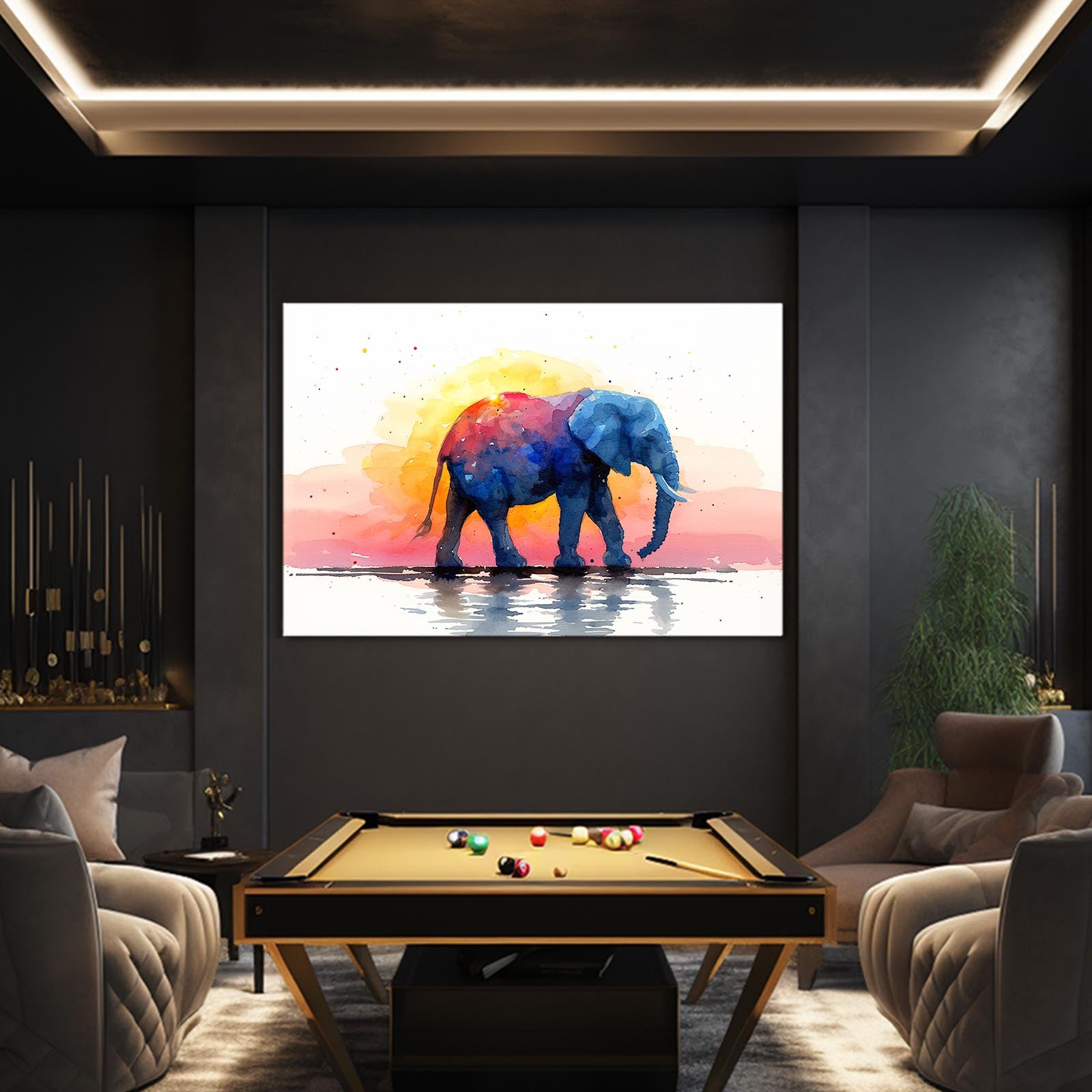 Watercolor Elephant Sunset Art