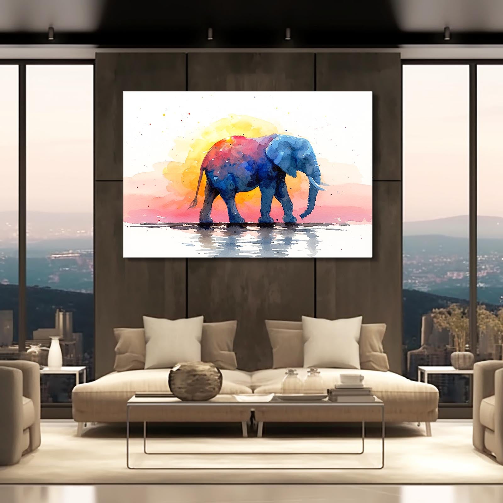 Watercolor Elephant Sunset Art