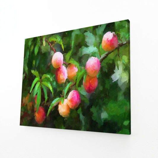 Watercolor Peach Orchard Fruit Canvas – angled canvas view on white background