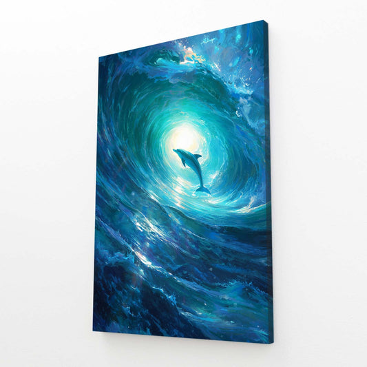 Wave Barrel Dolphin Art – angled canvas view on white background