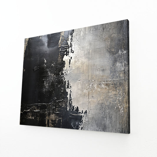 Weathered Black Plaster Abstract Prints – angled canvas view on white background