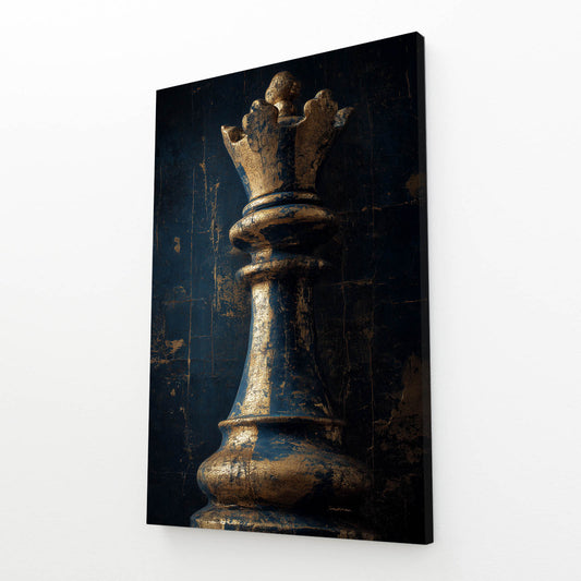 Weathered Bronze Queen Chess Art – angled canvas view on white background