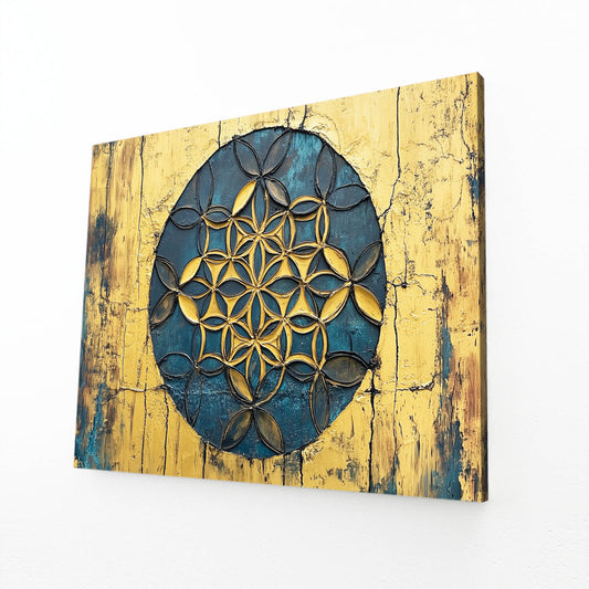 Weathered Gold Bloom Flower Of Life Canvas – angled canvas view on white background