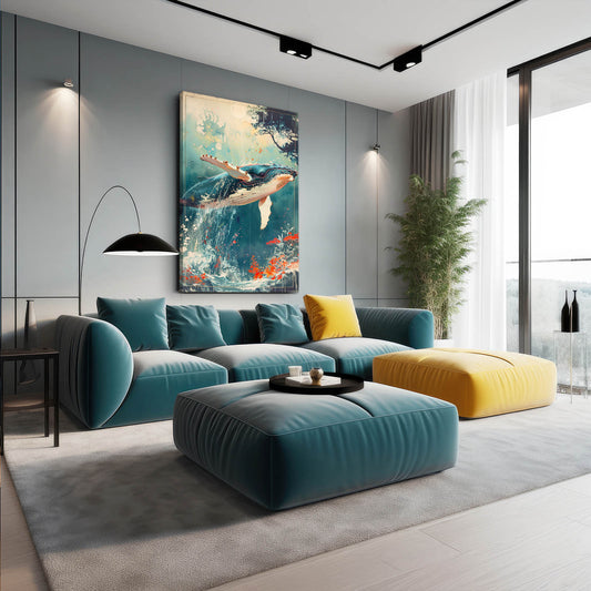 Whale Art Japanese — digital canvas print in blue tones, view 3