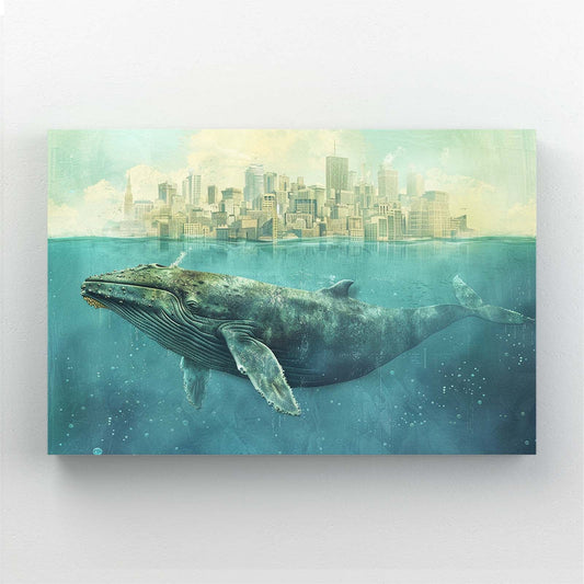 Whale Canvas Wall Art — surrealism canvas print in blue tones, canvas print on white background