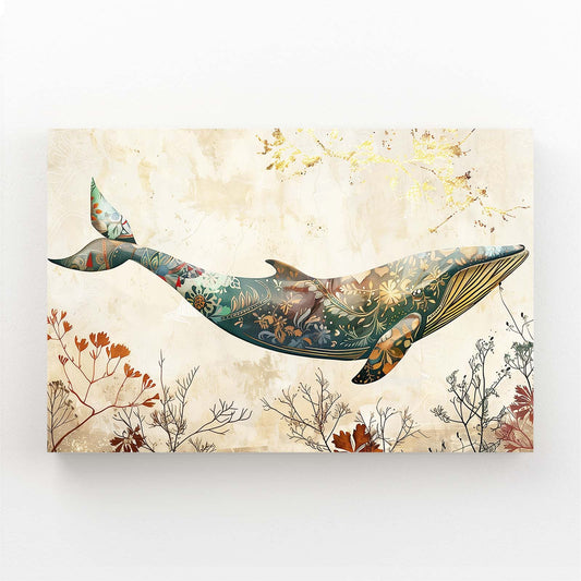 Whale Floral Art – angled canvas view on white background