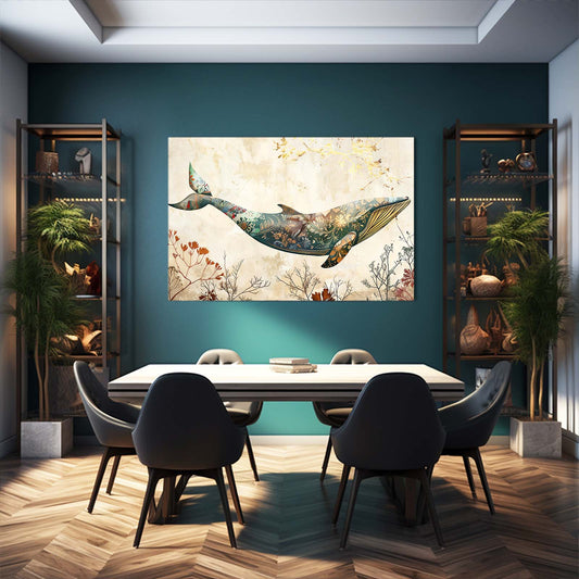 Whale Floral Art — botanical canvas print in white tones, view 3
