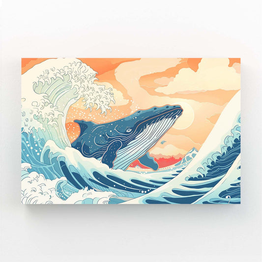 Whale Jumping Out Of Water Art — anime canvas print in blue tones, angled canvas view on white background