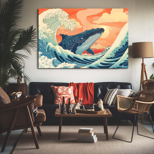 Whale Jumping Out Of Water Art — anime canvas print in blue tones, view 3