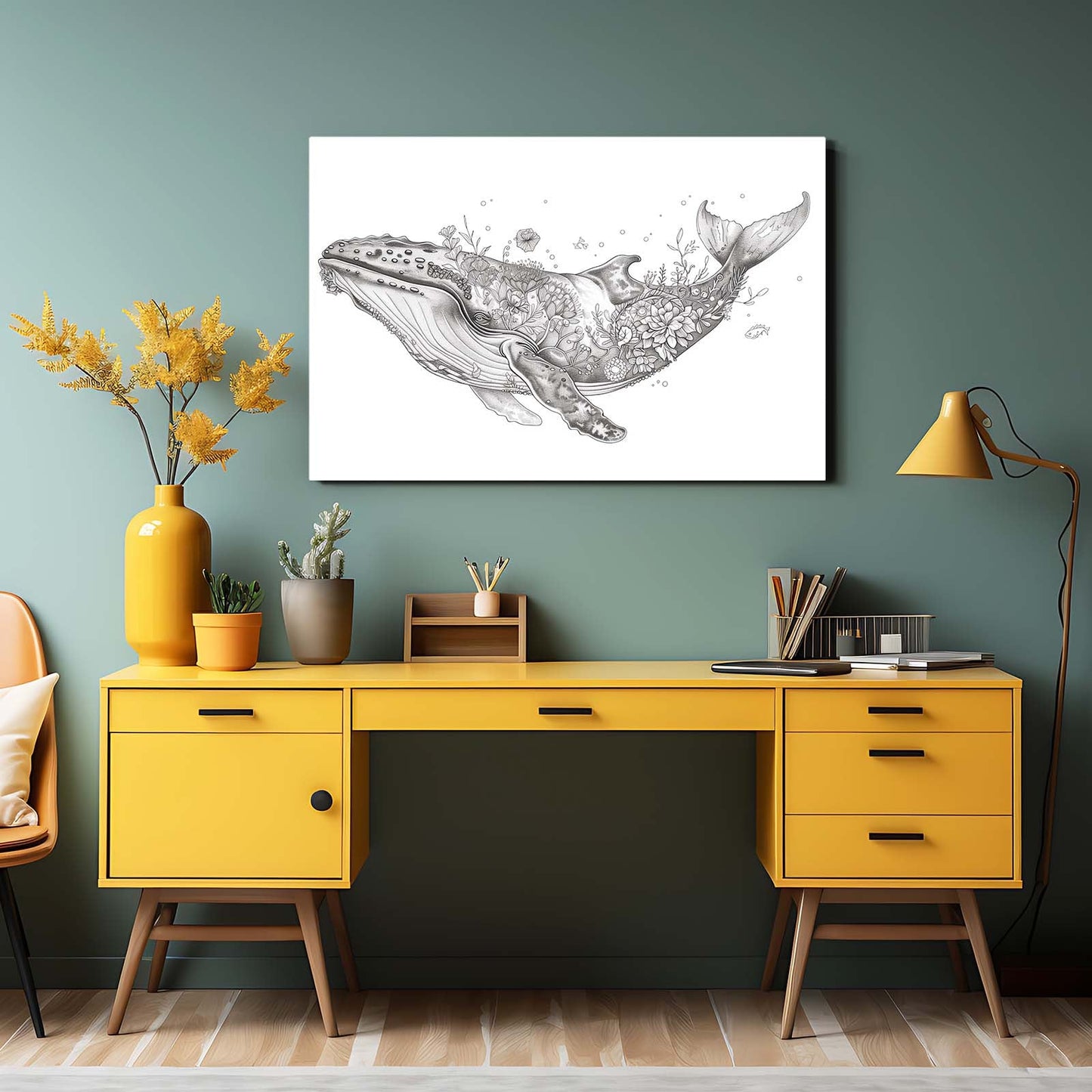 Whale Line Art Floral