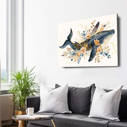 Whale of Serenity Art — botanical canvas print in white tones, view 3