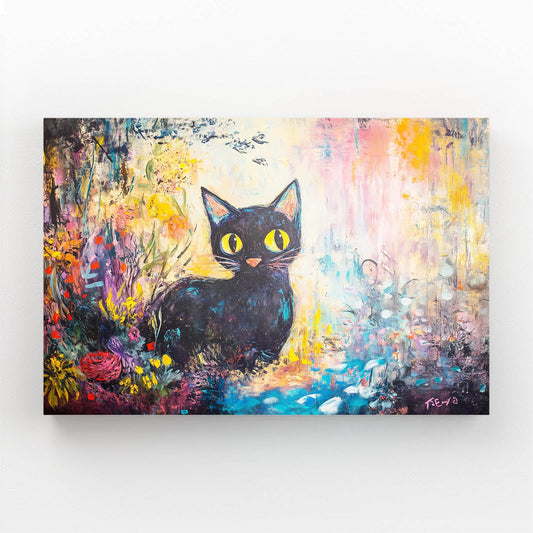 Whimsical Garden Cat Wall Art — cute canvas print in white tones, angled canvas view on white background