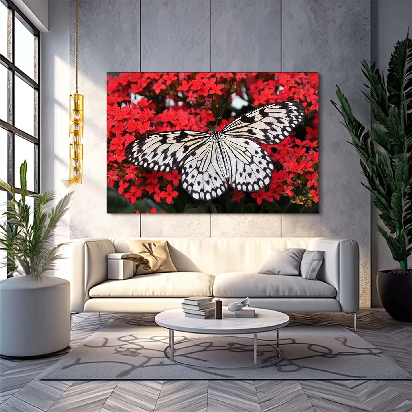 White Butterfly On Red Flowers Wall Art