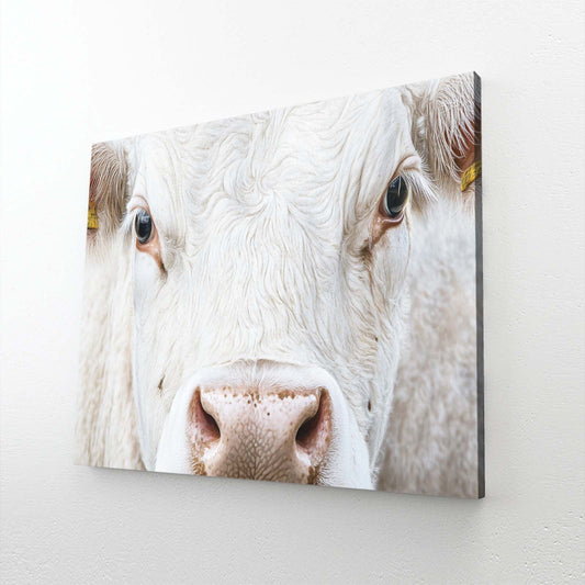 White Cow Wall Art – angled canvas view on white background