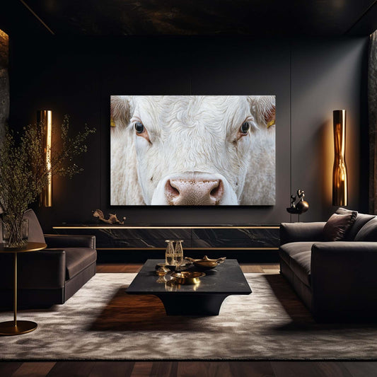 White Cow Wall Art – angled canvas view on white background