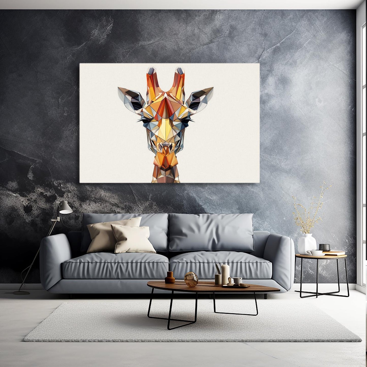 Modern living room with a gray sofa, coffee table, and abstract art on the wall.