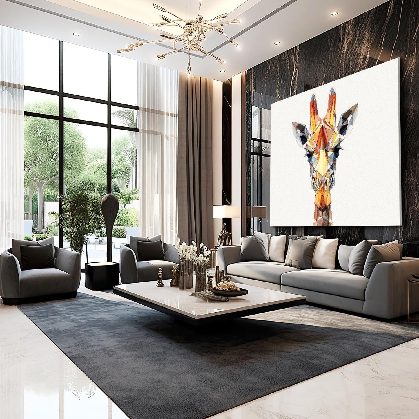 Modern living room with gray sofa, armchairs, and a large abstract giraffe painting on the wall.
