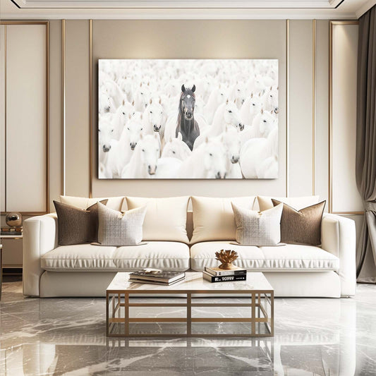 White Herd Standout Horse Wall Art — contemporary canvas print, styled in a furnished interior