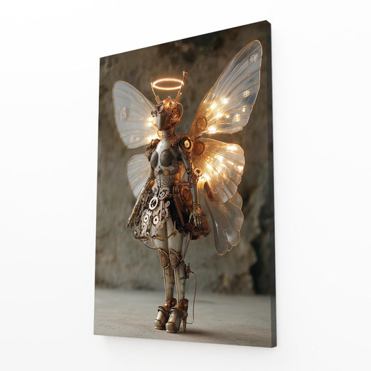 Winged Fairy Automaton Steampunk Art – angled canvas view on white background