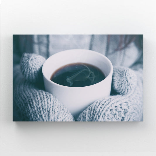 Winter Coffee Photography Print – coffee cup cradled in a cozy knit sweater