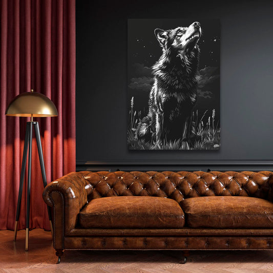 Wolf Black And White Art — landscape canvas print in gray tones, view 3