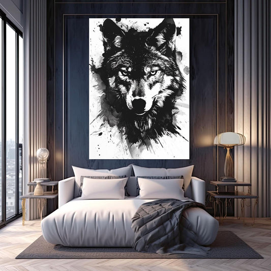 Wolf Ink Art — black and white canvas print in white tones, view 3