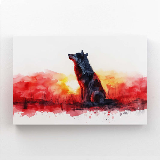 Wolf Watercolor Art — watercolor canvas print in red tones, angled canvas view on white background